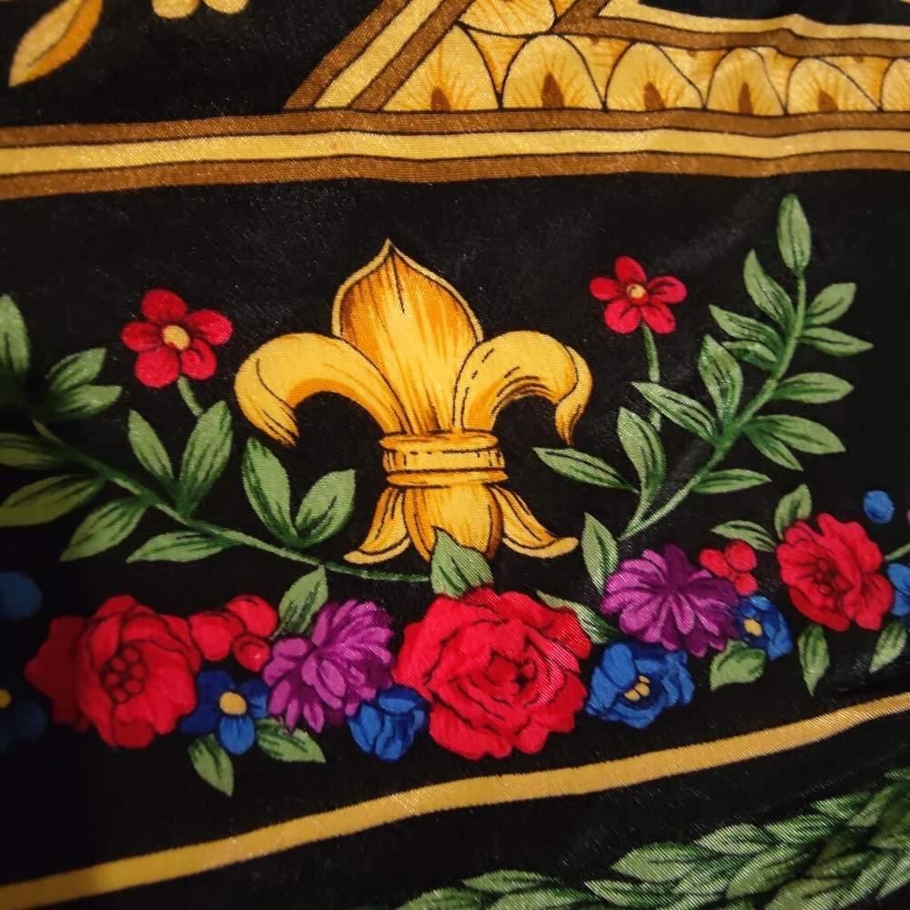 Rose Floral Baroque Square Silk Scarf with Gold Motif Border, 30"x31" - Picture 8 of 11